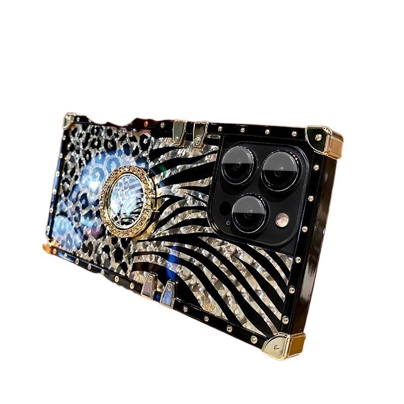 iPhone 14 Pro Protective Film for iPhone 14 14 Plus 14 Pro 14 Pro Max with Mirror Surface and Ring Holder in Leopard Print - Image 1