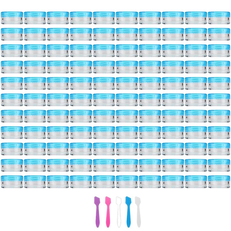Accmor 100 Pieces 3g Empty Clear Plastic Sample Containers with Blue Lids Cosmetic Pot Jars with 5 Pieces Mini Spatulas by Accmor