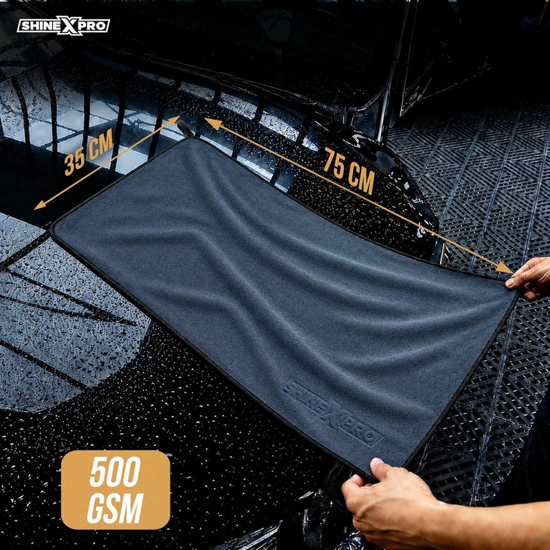 شاينيكس برو قماش تنظيف السيارات من الألياف الدقيقة ShineXPro - OG Soft 500 GSM كبير جدًا (35x75 سم) من الألياف الدقيقة للسيارة والدراجة النارية - حافة من الجلد المدبوغ للتجفيف والتفصيل بدون خدوش (عبوة من قطعتين، رمادي) - Image 2