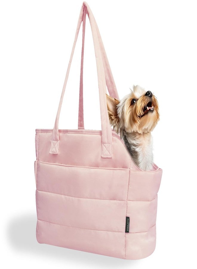 STRAODTIC Lightweight Dog Purse Carrier for Small Dogs Under 15 lbs, Puffy Quilted Pet Carrier Tote for Puppies with Safety Leash Clip, Women's Hands-Free Dog Carrier Bag for Travel/Shopping (Pink)