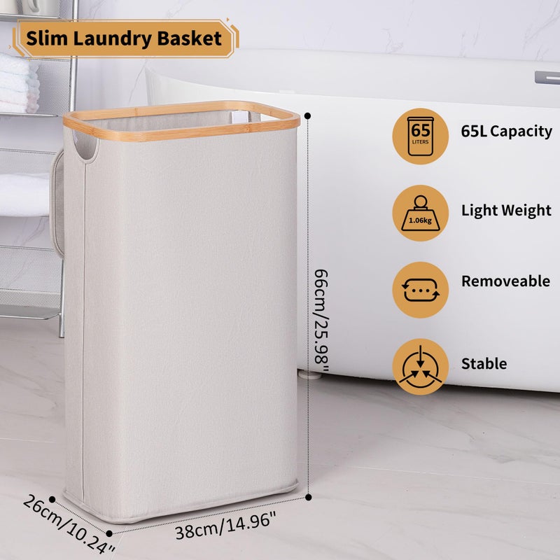 iEGrow 65L Slim Laundry Hamper, Narrow Laundry Basket with Lid,Foldable Clothes Hamper with Bamboo Handles,Hamper Basket with Removable Inner Bag for Laundry Room Bedroom College Dorm,17.17 Galsï¼ˆLight Greyï¼‰ - Image 2