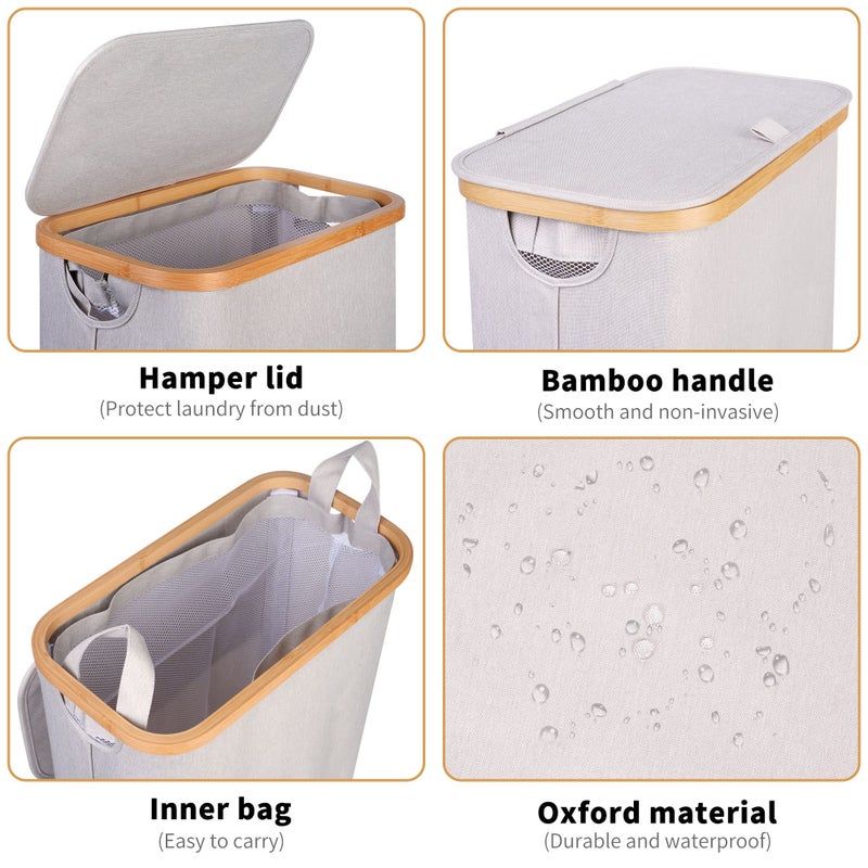 iEGrow 65L Slim Laundry Hamper, Narrow Laundry Basket with Lid,Foldable Clothes Hamper with Bamboo Handles,Hamper Basket with Removable Inner Bag for Laundry Room Bedroom College Dorm,17.17 Galsï¼ˆLight Greyï¼‰ - Image 3