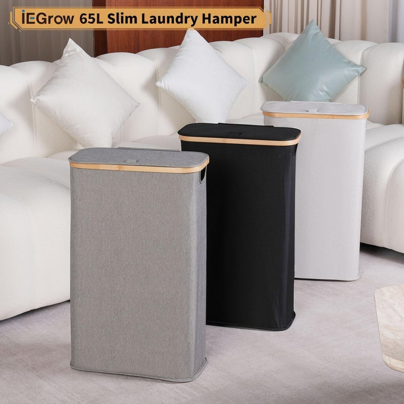 iEGrow 65L Slim Laundry Hamper, Narrow Laundry Basket with Lid,Foldable Clothes Hamper with Bamboo Handles,Hamper Basket with Removable Inner Bag for Laundry Room Bedroom College Dorm,17.17 Galsï¼ˆLight Greyï¼‰ - Image 5