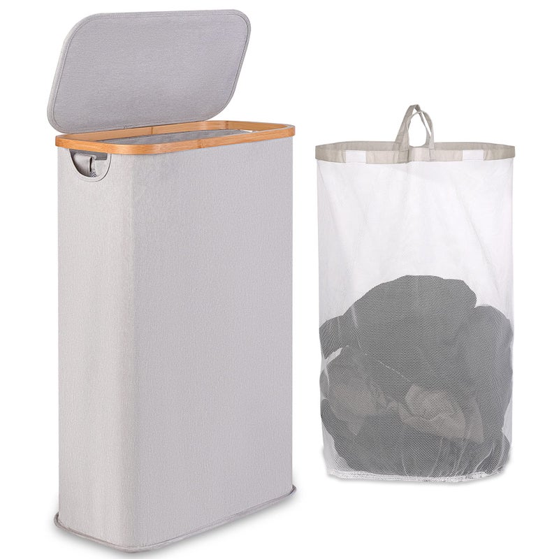 iEGrow 65L Slim Laundry Hamper, Narrow Laundry Basket with Lid,Foldable Clothes Hamper with Bamboo Handles,Hamper Basket with Removable Inner Bag for Laundry Room Bedroom College Dorm,17.17 Galsï¼ˆLight Greyï¼‰ - Image 1