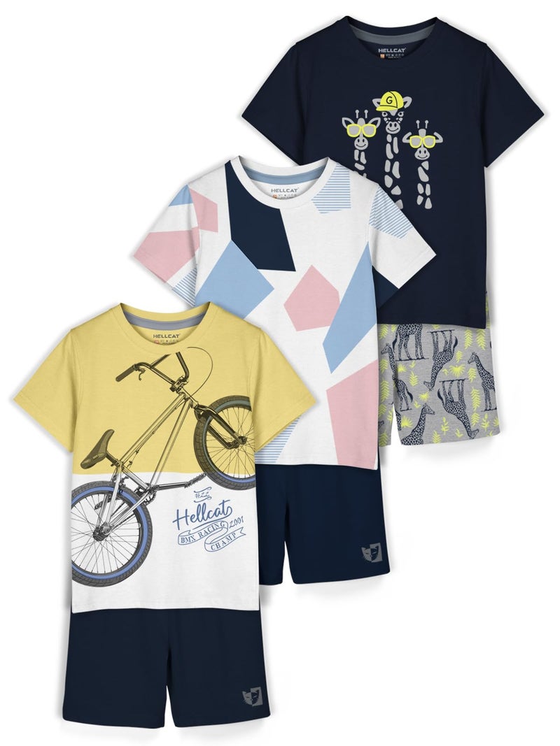 HELLCAT Boys Dress Clothing Set Combo with Tshirts & Shorts - Pack 3 Mustard/White/Navy 1-2 Years - Image 1