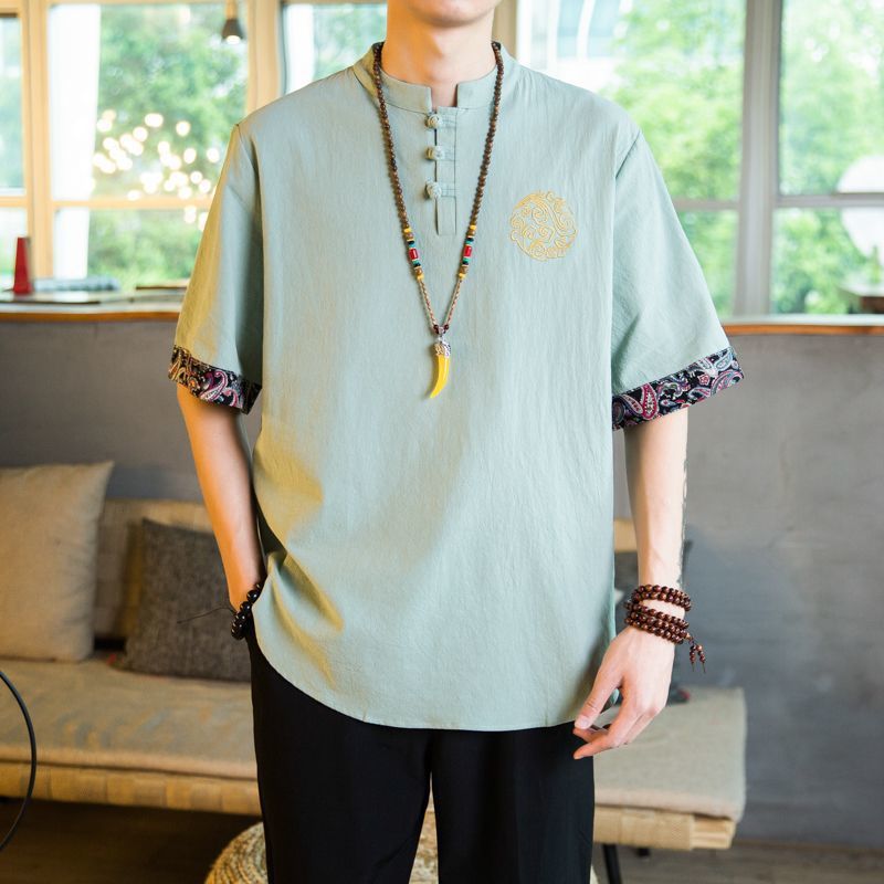 Embroidered Linen Short-Sleeved T-Shirt Men'S Summer Thin Loose Trendy Brand Plus Size Tang Chinese Style Cotton And Linen Buckle T-Shirt - Image 1