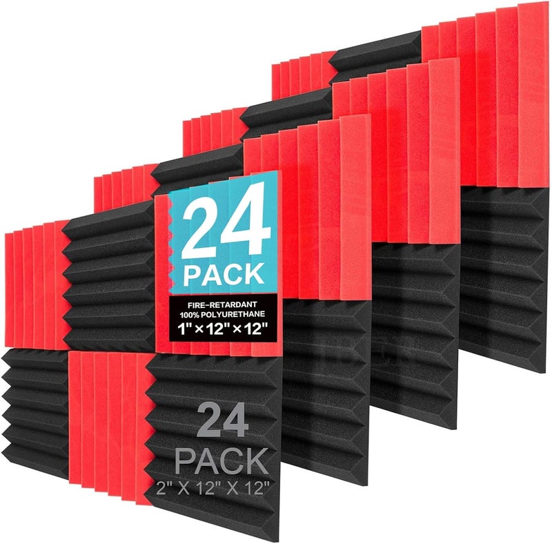 Jber 24 Pack Red and Charcoal Acoustic Panels Studio Foam Wedges Fireproof Soundproof Padding Black Wall Panels 2" X 12" X 12"… - Image 1