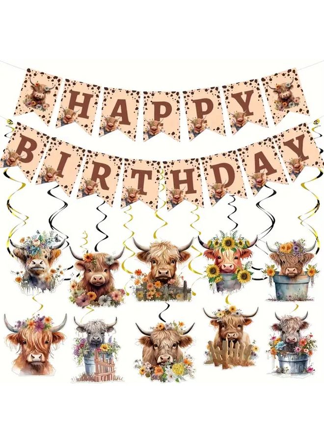 Highland Cattle Happy Birthday Banner 39pcs Paper Roll Decor Floral Ribbons - Image 1