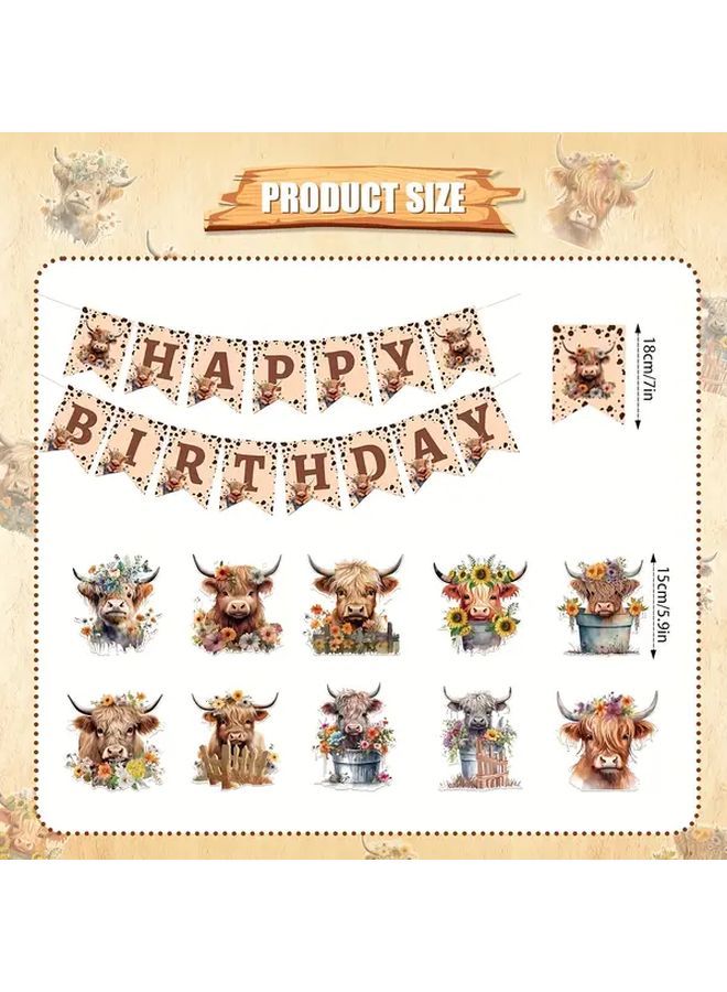 Highland Cattle Happy Birthday Banner 39pcs Paper Roll Decor Floral Ribbons - Image 3