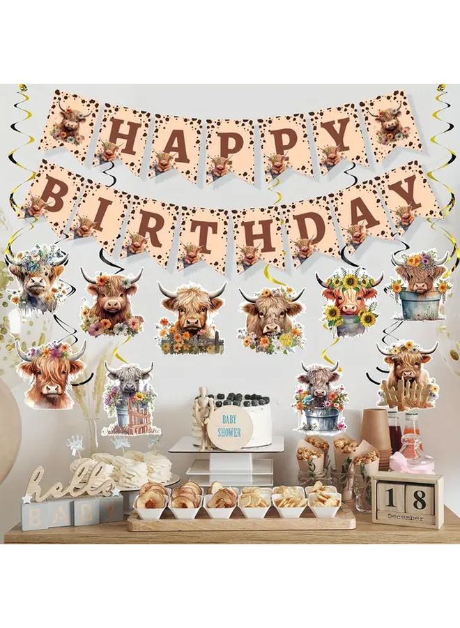 Highland Cattle Happy Birthday Banner 39pcs Paper Roll Decor Floral Ribbons - Image 4