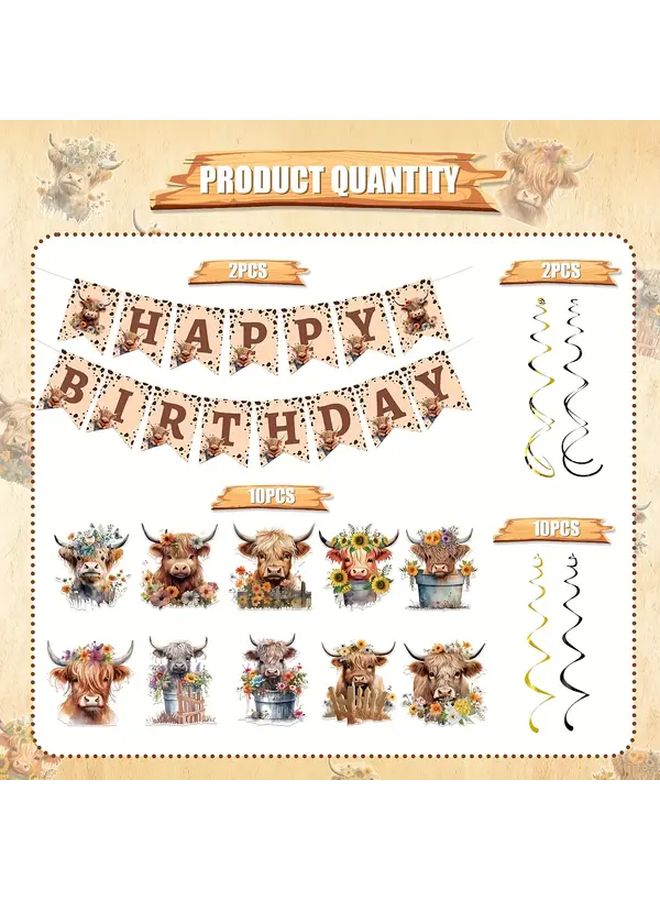 Highland Cattle Happy Birthday Banner 39pcs Paper Roll Decor Floral Ribbons - Image 2