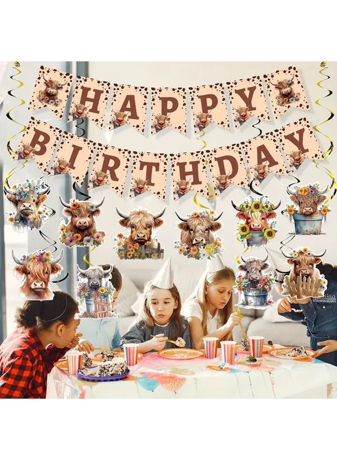 Highland Cattle Happy Birthday Banner 39pcs Paper Roll Decor Floral Ribbons - Image 5