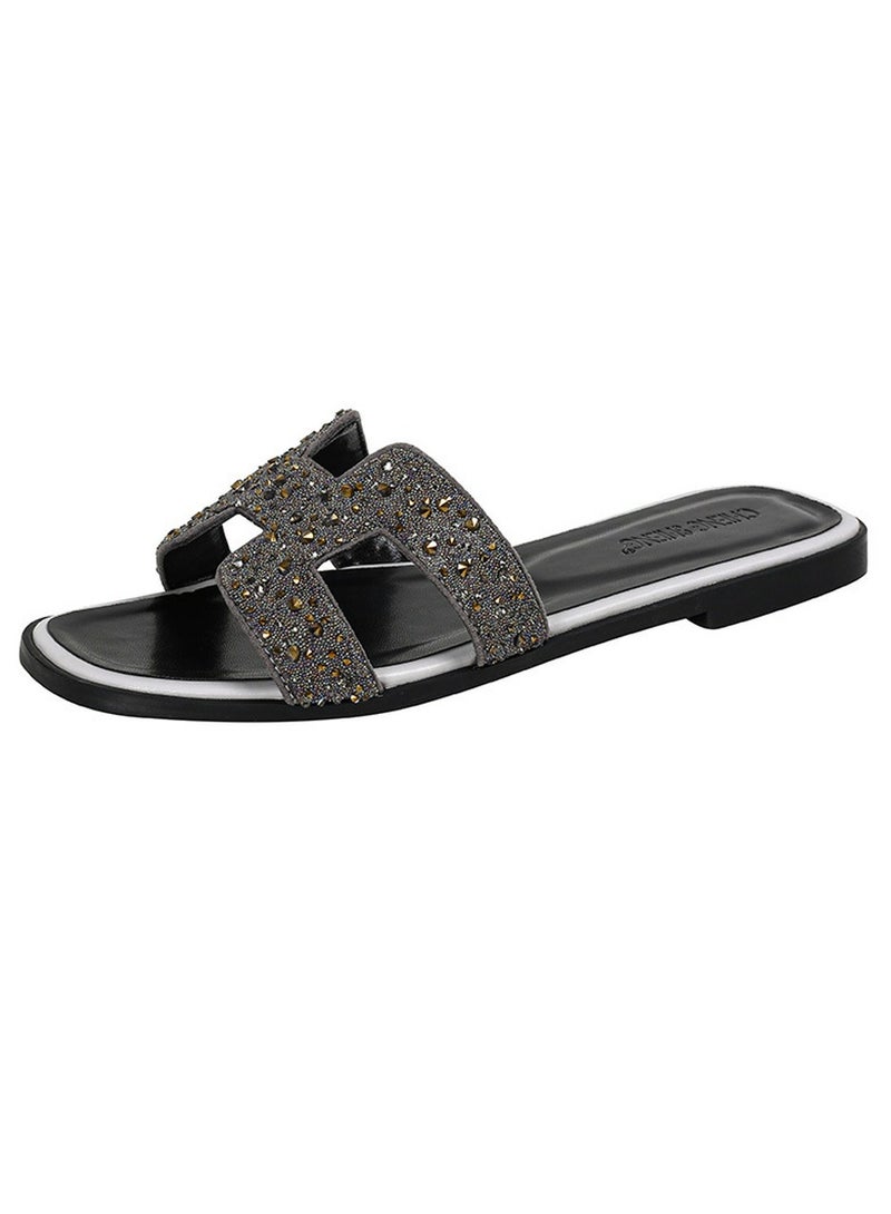 Loquat Women's Flat Slippers With Rhinestones Exquisite Sparkly Sandals Dressy and Comfortable Slides Beach Flat Sandals Dark Grey - Image 1