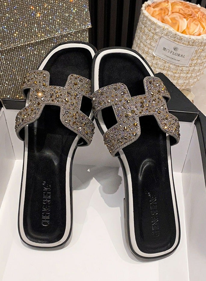 Loquat Women's Flat Slippers With Rhinestones Exquisite Sparkly Sandals Dressy and Comfortable Slides Beach Flat Sandals Dark Grey - Image 2