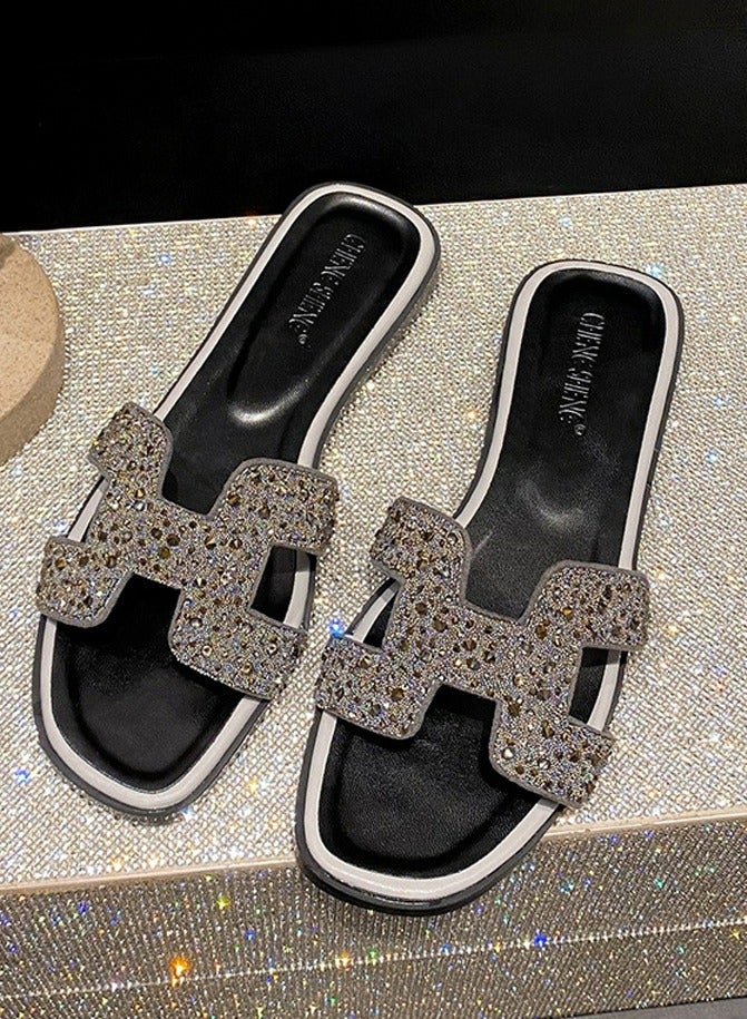 Loquat Women's Flat Slippers With Rhinestones Exquisite Sparkly Sandals Dressy and Comfortable Slides Beach Flat Sandals Dark Grey - Image 3