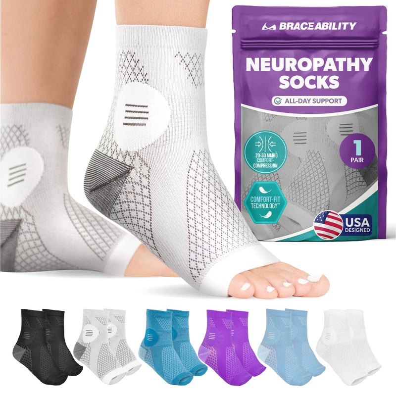 BraceAbility Neuropathy Socks (Pair) - Peripheral Neuritis Compression Diabetic Toeless Foot Sleeves for Nerve Damage Pain in Feet, Ankle Gout, Plantar Fasciitis Relief Brace for Men and Women (M - Gray) - Image 1