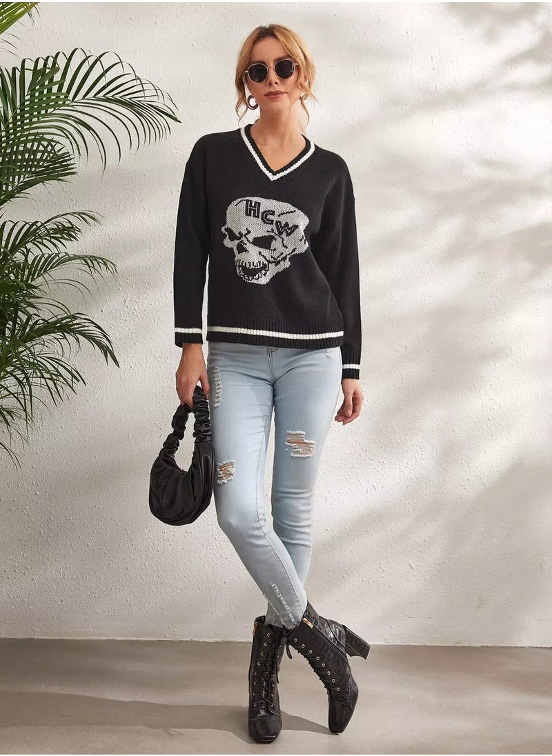 Skull Pattern Drop Shoulder Sweater