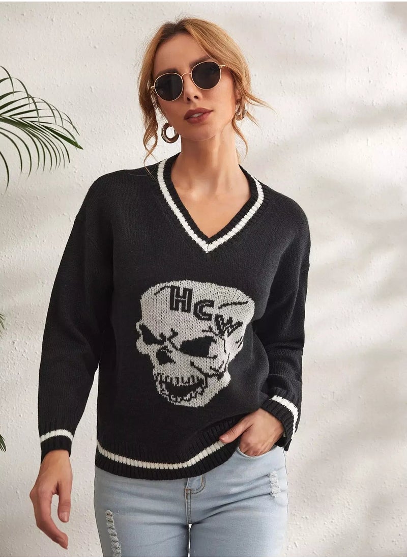 Skull Pattern Drop Shoulder Sweater