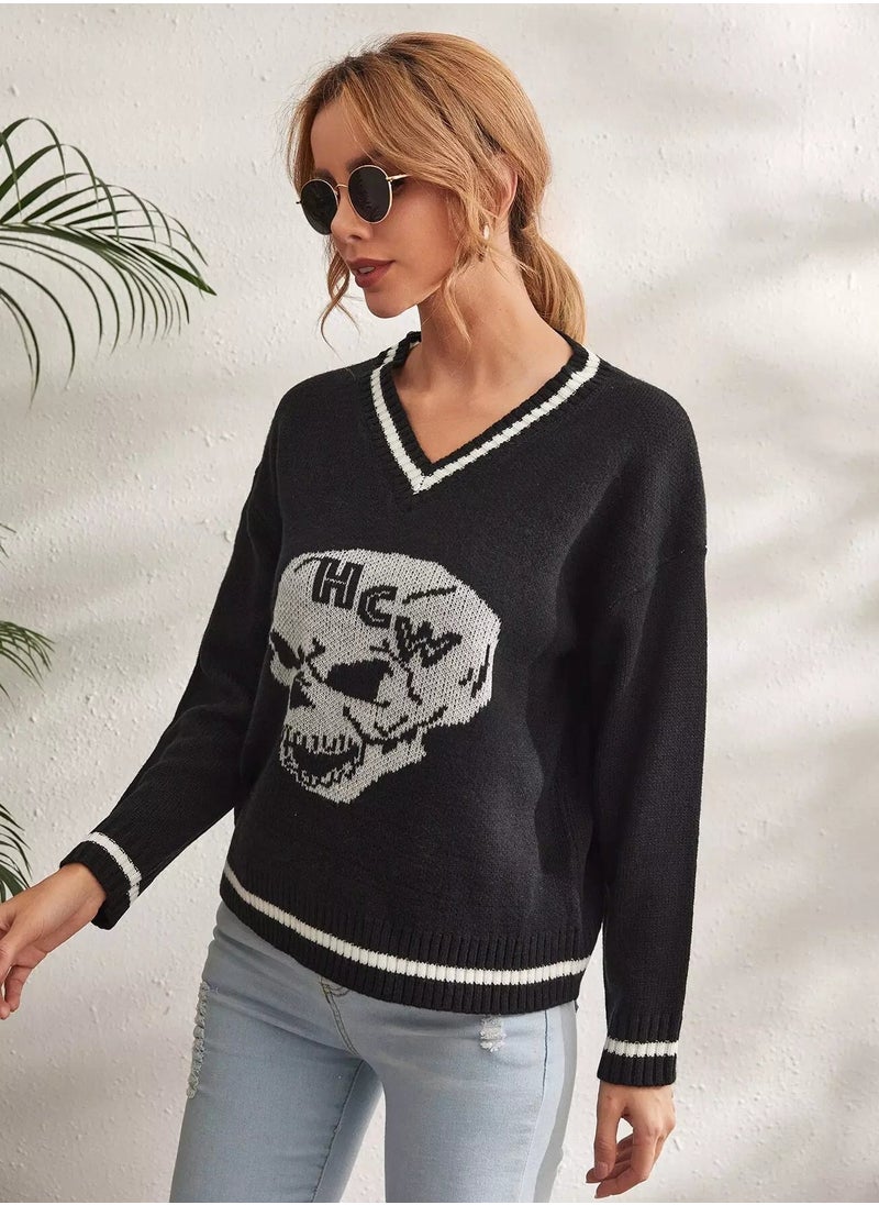 Skull Pattern Drop Shoulder Sweater