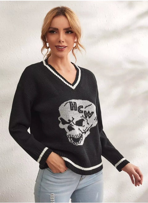 Skull Pattern Drop Shoulder Sweater