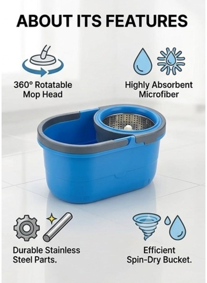 360° Spin Mop and Bucket System, Household Cleaning Rotating Mop with Stainless Steel Spin Basket, Hands-Free Wringing, Extendable Handle & Microfiber Mop Head - Blue - Image 3