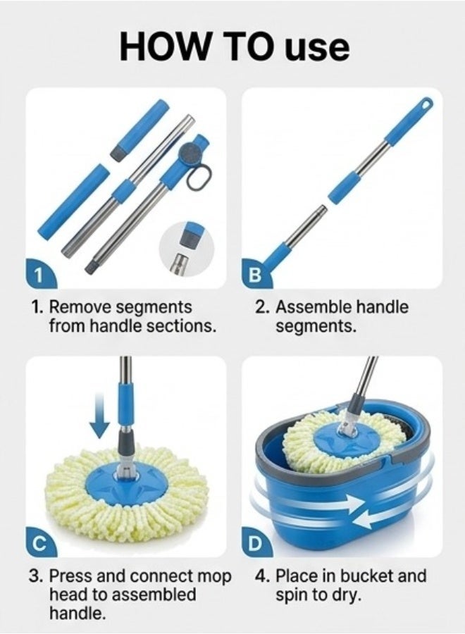 360° Spin Mop and Bucket System, Household Cleaning Rotating Mop with Stainless Steel Spin Basket, Hands-Free Wringing, Extendable Handle & Microfiber Mop Head - Blue - Image 4