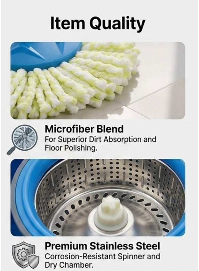 360° Spin Mop and Bucket System, Household Cleaning Rotating Mop with Stainless Steel Spin Basket, Hands-Free Wringing, Extendable Handle & Microfiber Mop Head - Blue - Image 5