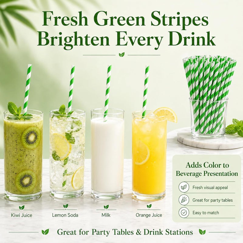 Haundry Green Paper Straws, 100 Count Disposable Drinking Straws, Green and White Striped Paper Straws, 7.75 x 0.24 in, for Cocktails, Milkshakes, Smoothies, St. Patrick’s Day and Christmas Parties - Image 5