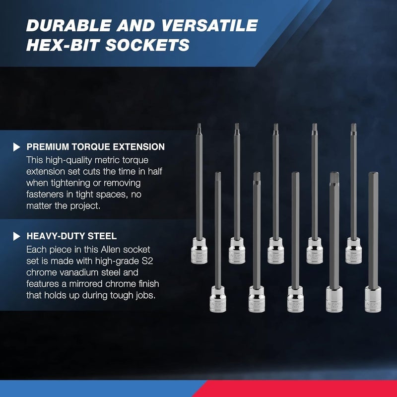 Neiko 10077A 3/8â€ Drive Metric Extra Long Allen Hex Bit Socket Set | 10 Pieces | Sizes 3mm â€“ 10mm | Shaft Length 6â€ | Premium S2 Steel Bits | Heavy Duty Cr-V Sockets | Exceeds ANSI Standards - Image 2
