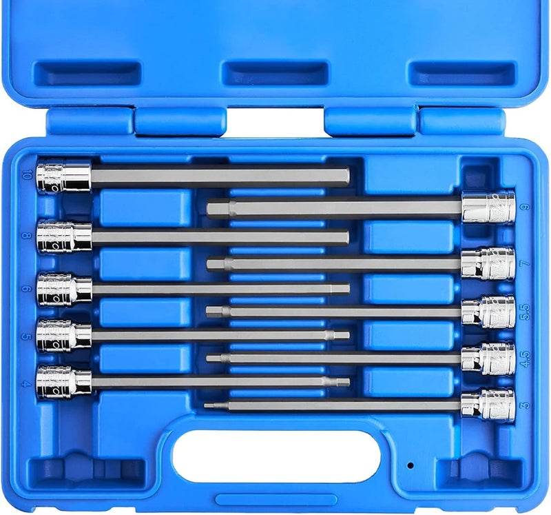 Neiko 10077A 3/8â€ Drive Metric Extra Long Allen Hex Bit Socket Set | 10 Pieces | Sizes 3mm â€“ 10mm | Shaft Length 6â€ | Premium S2 Steel Bits | Heavy Duty Cr-V Sockets | Exceeds ANSI Standards - Image 1