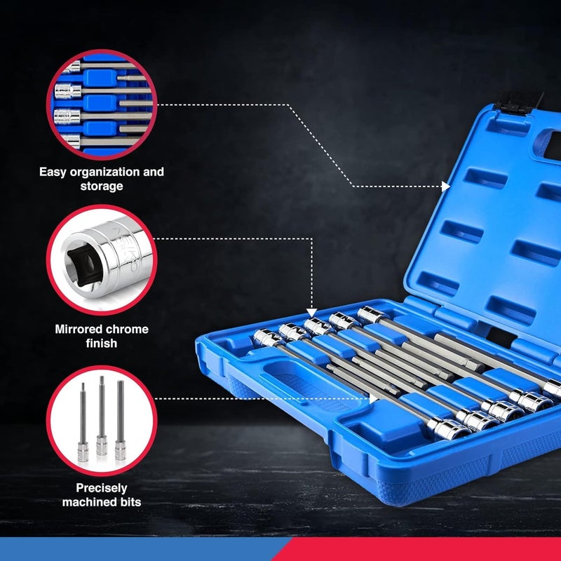 Neiko 10077A 3/8â€ Drive Metric Extra Long Allen Hex Bit Socket Set | 10 Pieces | Sizes 3mm â€“ 10mm | Shaft Length 6â€ | Premium S2 Steel Bits | Heavy Duty Cr-V Sockets | Exceeds ANSI Standards - Image 4