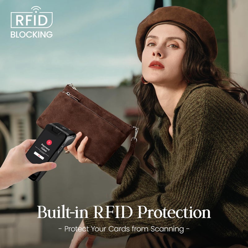 befen Real Suede Bags for Women, Leather Wristlet Wallets RFID Blocking Small Crossbody Bags, Women Leather Purses Handbags Shoulder Bag Trendy Clutch Purse with 2 Strap - Image 3