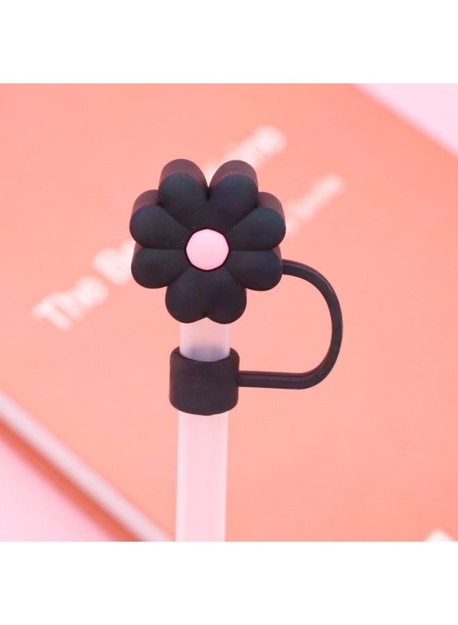 10mm Reusable Straw Cap Cute Chrysanthemum Shaped Dustproof Cap Accessories Fun Straw Plug Durable Plastic Material-Color:Large Black Powder Chrysanthemum 10mm-Specifications:Bag Without Straw  - Image 1
