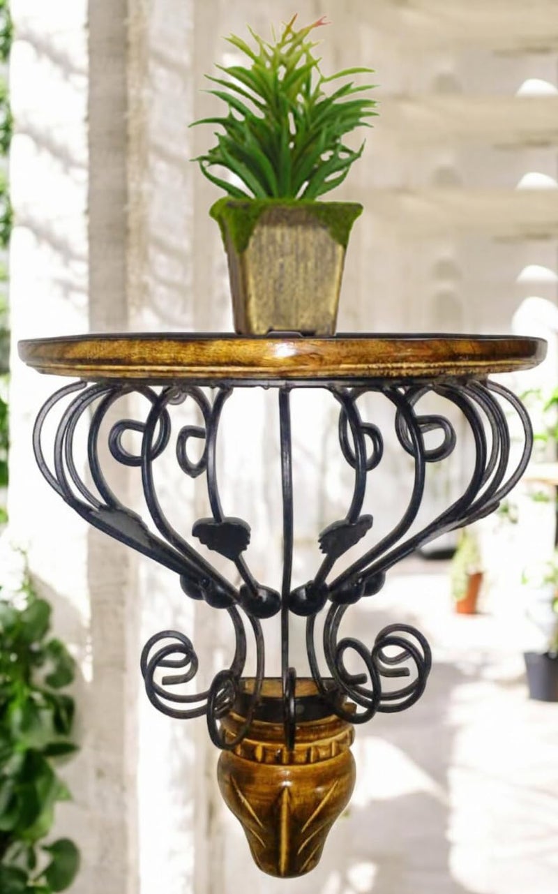 Woodiva Wooden & Wrought Iron Wall Bracket Shelf - Fancy Plant Stand & Garden Decor Rack for Home & Living Room, Black & Brown (35x30x15 cm) - Image 1