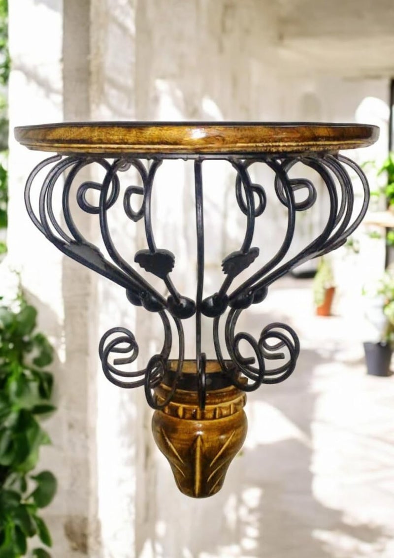 Woodiva Wooden & Wrought Iron Wall Bracket Shelf - Fancy Plant Stand & Garden Decor Rack for Home & Living Room, Black & Brown (35x30x15 cm) - Image 3