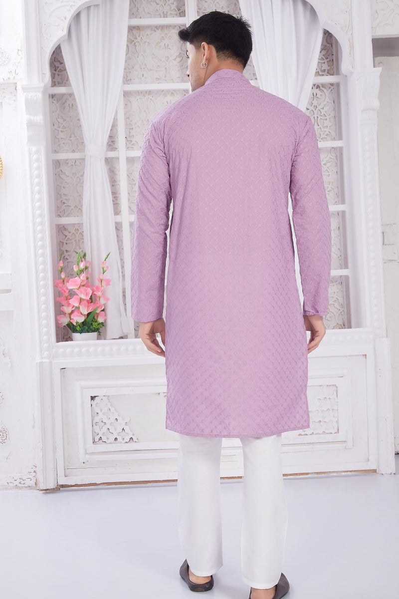DIVISIVE Men's Thread Embroidered Cotton Only Slim Fit Kurta (DKRT636_M_Lavender) - Image 4