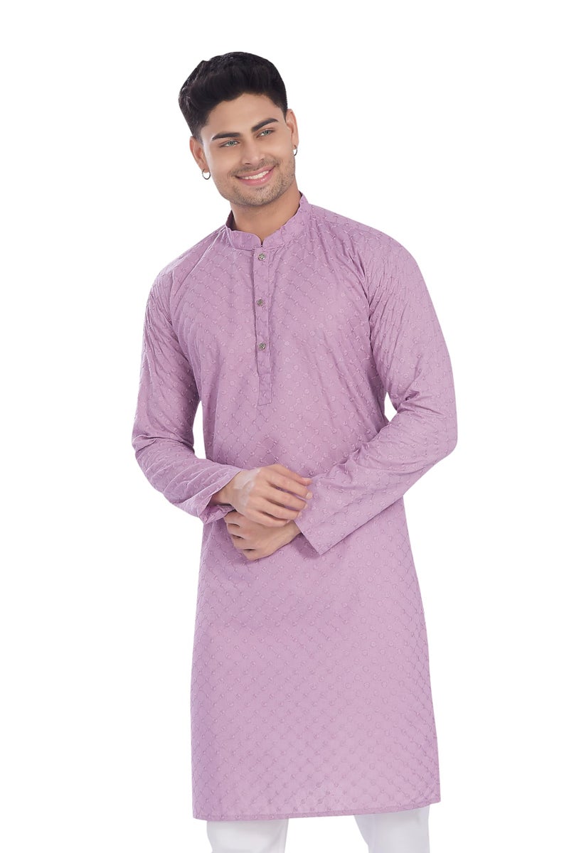 DIVISIVE Men's Thread Embroidered Cotton Only Slim Fit Kurta (DKRT636_M_Lavender) - Image 1