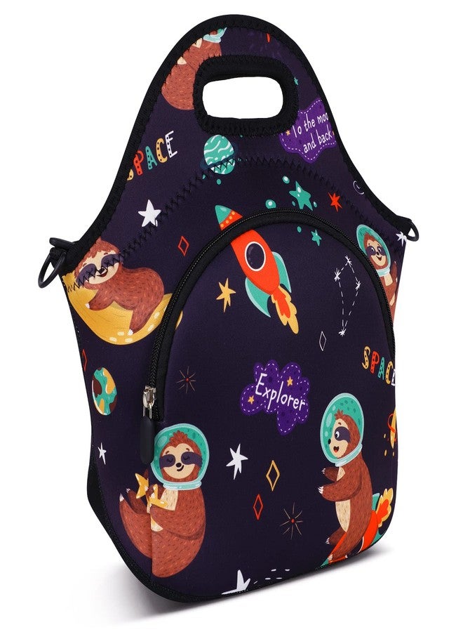 Violet Mist Neoprene Lunch Bag Insulated Lunch Bag Tote Cute Large Thermal Lunchbags with Pocket Detachable Adjustable Shoulder Strap Lunchbox Food Handbags Gifts for Women Men Adult, Space Sloth - Image 2