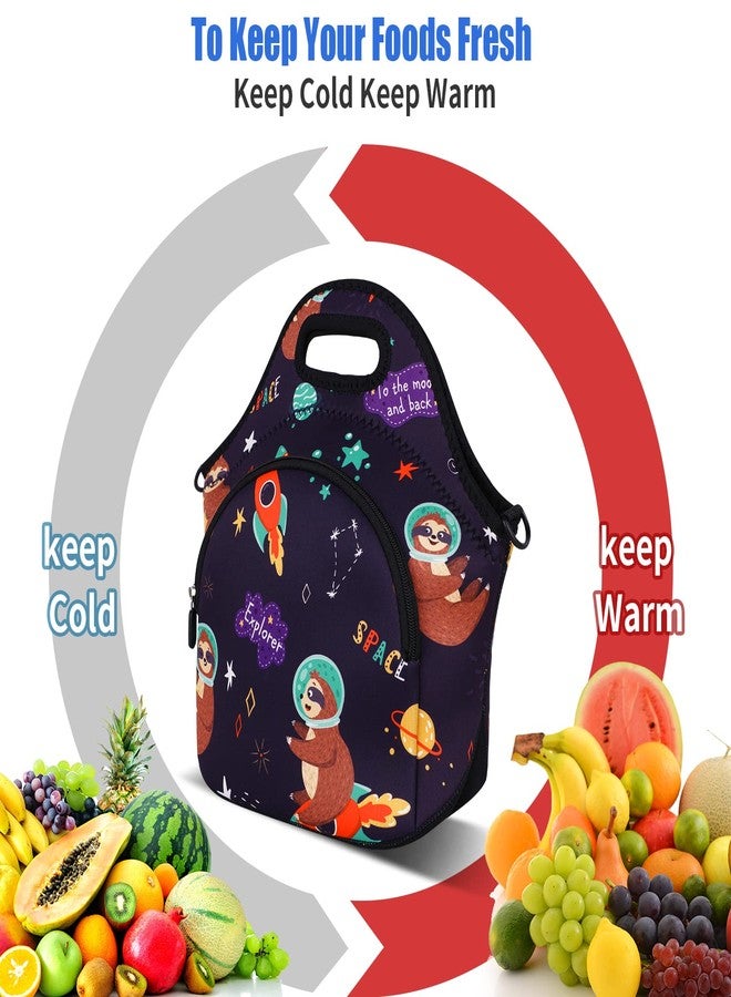 Violet Mist Neoprene Lunch Bag Insulated Lunch Bag Tote Cute Large Thermal Lunchbags with Pocket Detachable Adjustable Shoulder Strap Lunchbox Food Handbags Gifts for Women Men Adult, Space Sloth - Image 5