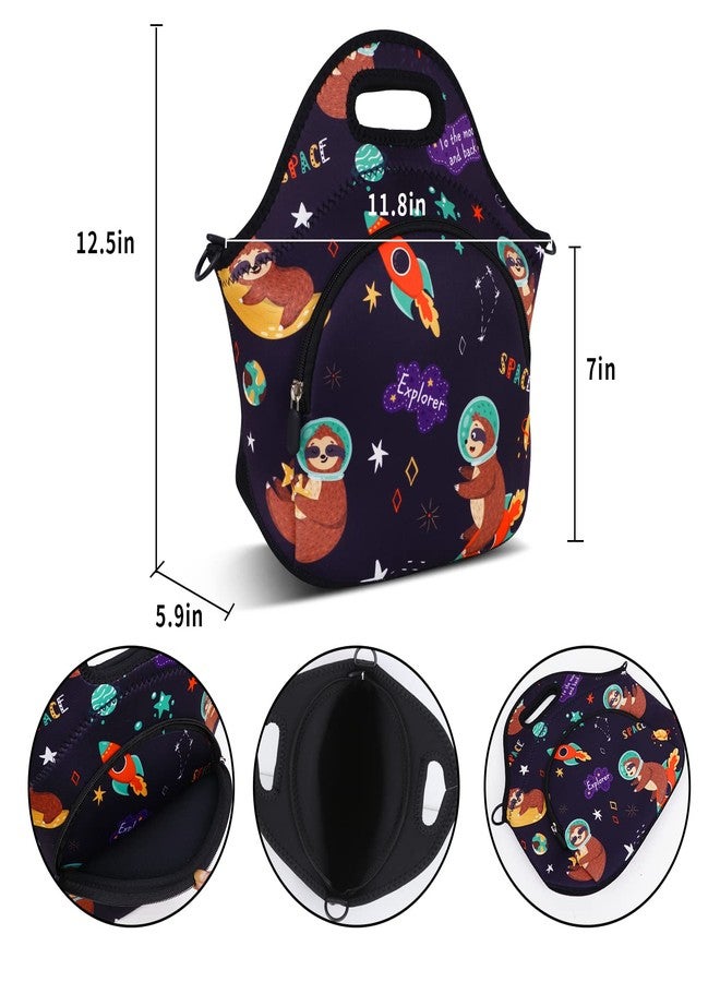 Violet Mist Neoprene Lunch Bag Insulated Lunch Bag Tote Cute Large Thermal Lunchbags with Pocket Detachable Adjustable Shoulder Strap Lunchbox Food Handbags Gifts for Women Men Adult, Space Sloth - Image 3