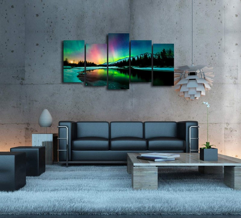 Cao Gen Decor Art S01927 5 Pieces Wall Art Aurora scenery Painting on Canvas Stretched and Framed Canvas Paintings Ready to Hang for Home Decorations Wall Decor - Image 3