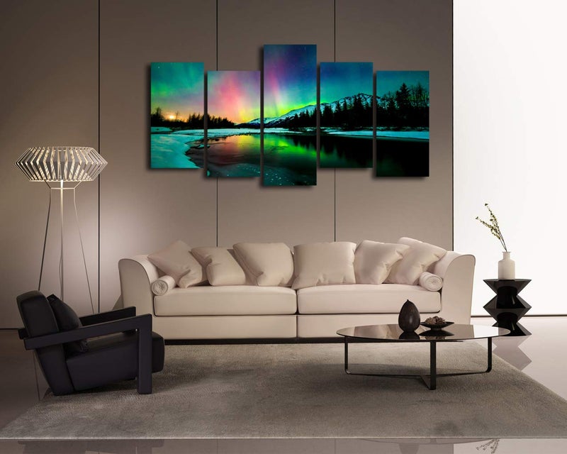Cao Gen Decor Art S01927 5 Pieces Wall Art Aurora scenery Painting on Canvas Stretched and Framed Canvas Paintings Ready to Hang for Home Decorations Wall Decor - Image 4