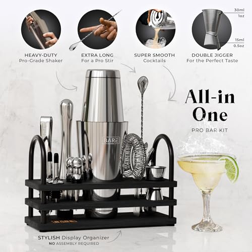BARE BARREL® Mixology Bartender Kit Bar Set | 14-Piece Cocktail Shaker Set | Martini Barware Mixing Tools for Home Bartending | 35 Recipe Cards | Gift Set (28oz Boston Shaker, Silver/Black) - Image 2