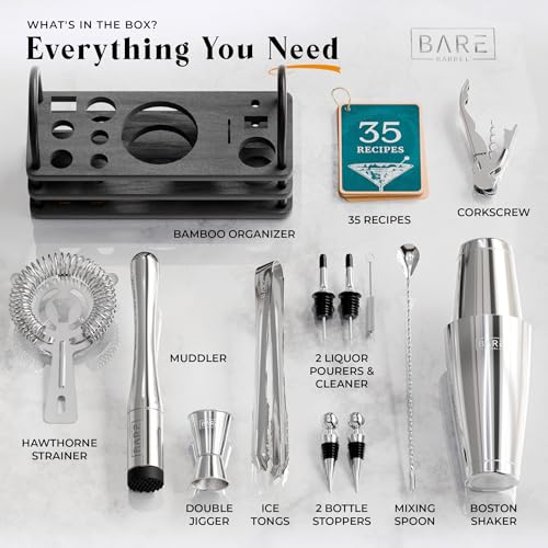 BARE BARREL® Mixology Bartender Kit Bar Set | 14-Piece Cocktail Shaker Set | Martini Barware Mixing Tools for Home Bartending | 35 Recipe Cards | Gift Set (28oz Boston Shaker, Silver/Black) - Image 4