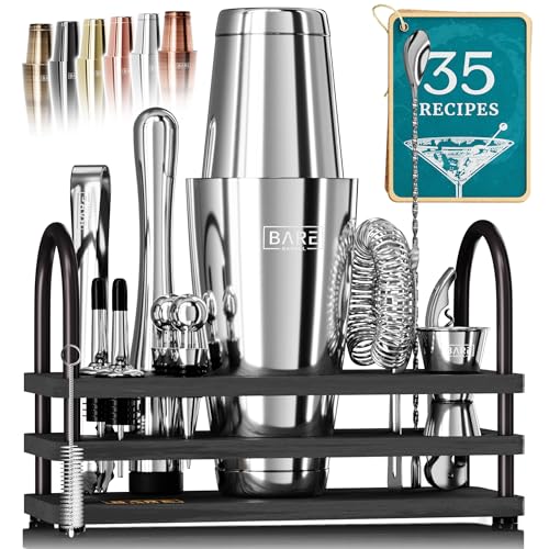 BARE BARREL® Mixology Bartender Kit Bar Set | 14-Piece Cocktail Shaker Set | Martini Barware Mixing Tools for Home Bartending | 35 Recipe Cards | Gift Set (28oz Boston Shaker, Silver/Black) - Image 1