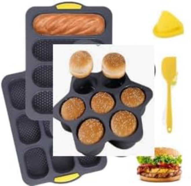 Set of 6 Silicone Hamburger Bun Molds, 4/7/9-Cup Baking Pans with Brush, Spatula, and Heat-Resistant Glove