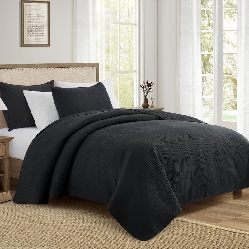Lavsiry Black Quilt Queen Size with Pillow Shams  Summer Lightweight Full Size Arch Pattern Bedspreads  Soft Microfiber Coverlet Thin Comforter Bedding Set for All Seasons - Image 2