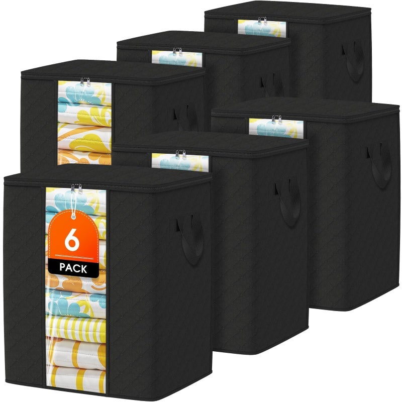 SpaceTrove Clothes Storage Bags, 6-Pack Comforter Blanket Organizers, 80L Large Capacity Containers with Visual Window for Clothing, Quilt, Sheet, Pillow, Closet Organization for Bedding (Black) - Image 1