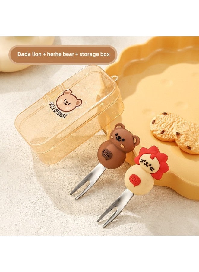 Children's Creative Fork Spoon 304 Stainless Steel Short Handle Cartoon Tableware Household Baby Dining Portable Tableware Suit-Specifications:No Specifications-Color:Dada Lion Bear Fruit Fork Storage Box - Image 1