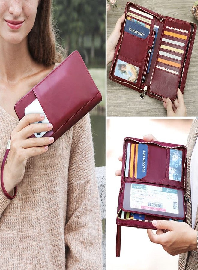 CONTACTS Full Grain Leather Family Passport Holder for 4 RFID Blocking Passport Wallet Large Capacity Wristlet Clutch Purse Red - Image 2